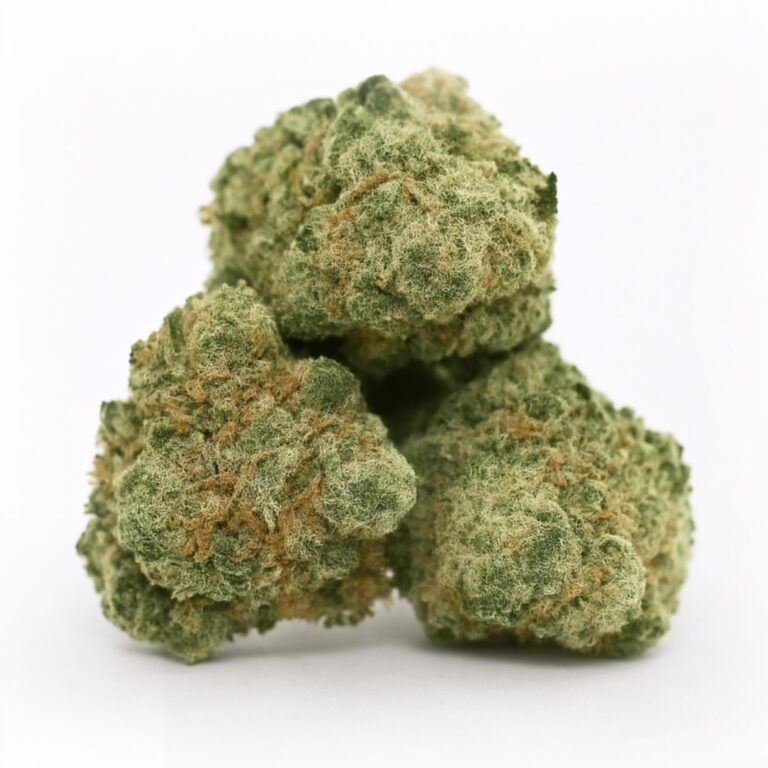 close-up of three cannabis buds arranged in a small pyramid on a crisp white background, showcasing balanced green hues, orange pistils, and frosty trichomes with natural depth and clarity.