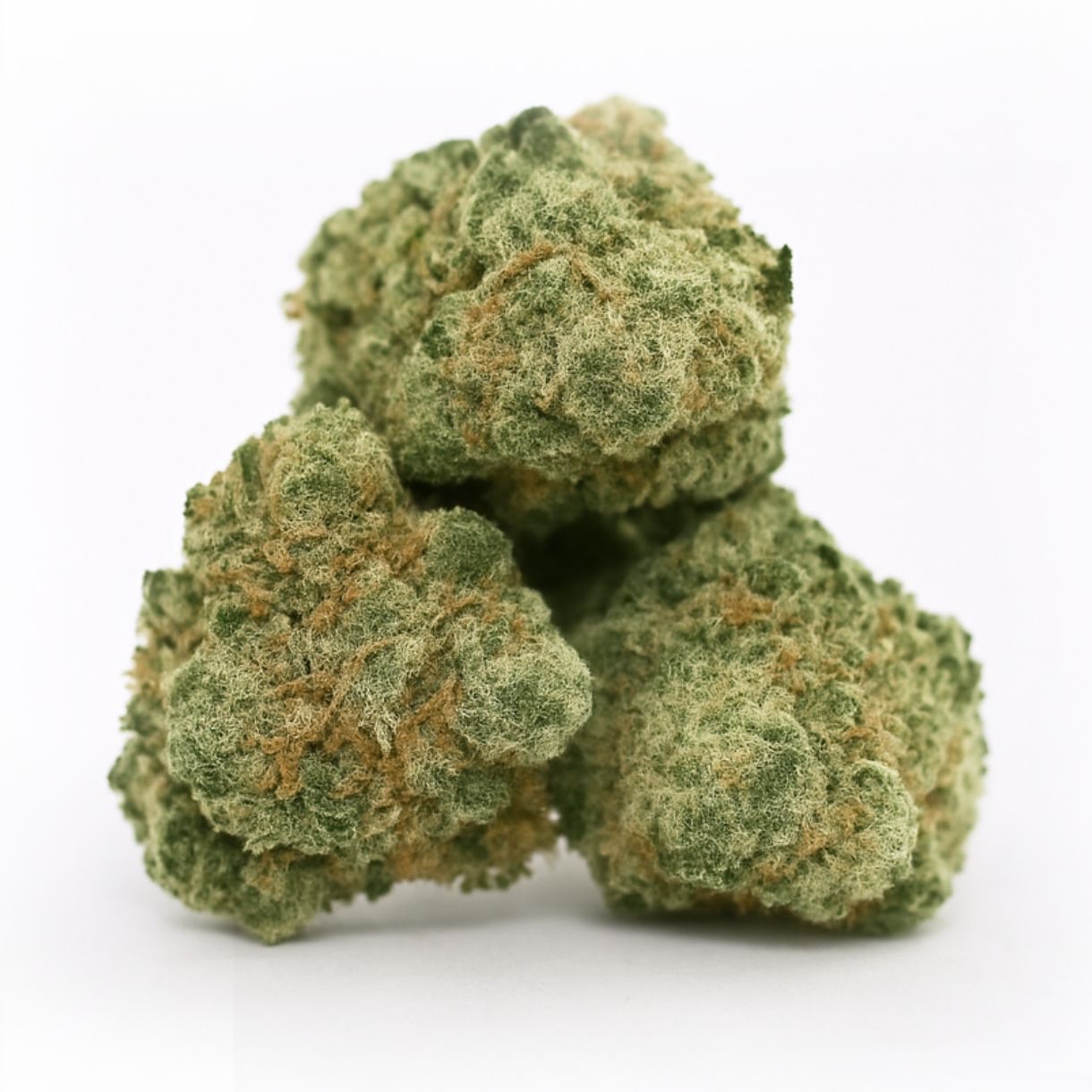 close-up of three cannabis buds arranged in a small pyramid on a crisp white background, showcasing balanced green hues, orange pistils, and frosty trichomes with natural depth and clarity.