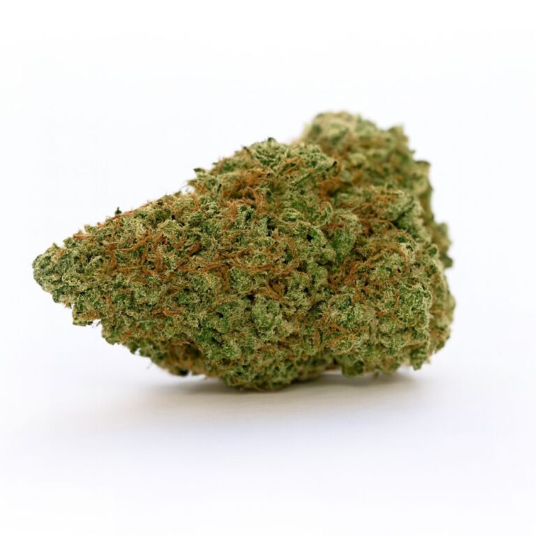 cannabis bud on a crisp white background, showcasing dense green structure, vibrant orange pistils, and frosty trichomes with balanced lighting and realistic color depth.