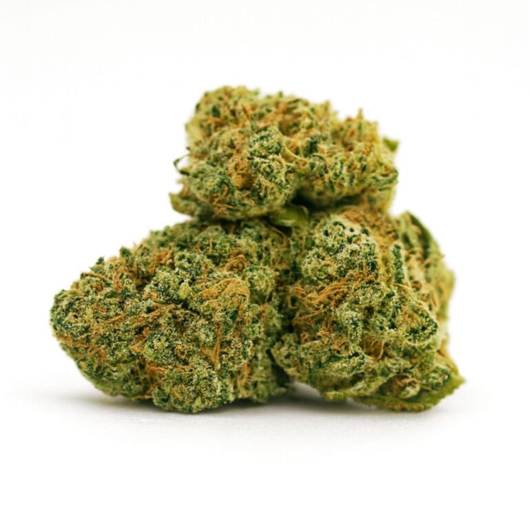 High-resolution image of dense cannabis buds on a crisp white background, showcasing trichome coverage, orange pistils, and natural green tones with balanced lighting and sharp detail.