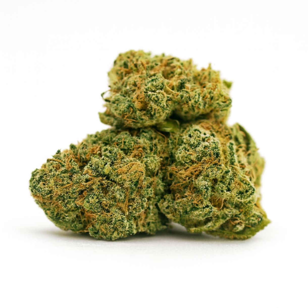 High-resolution image of dense cannabis buds on a crisp white background, showcasing trichome coverage, orange pistils, and natural green tones with balanced lighting and sharp detail.