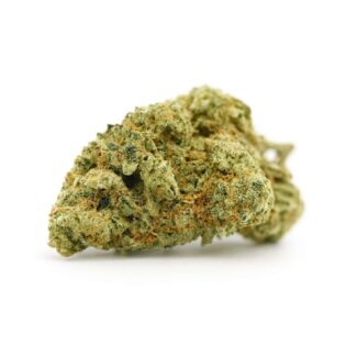 High-resolution close-up of a cannabis bud on a crisp white background, showing detailed trichomes, orange pistils, and natural green hues with balanced lighting and realistic depth.