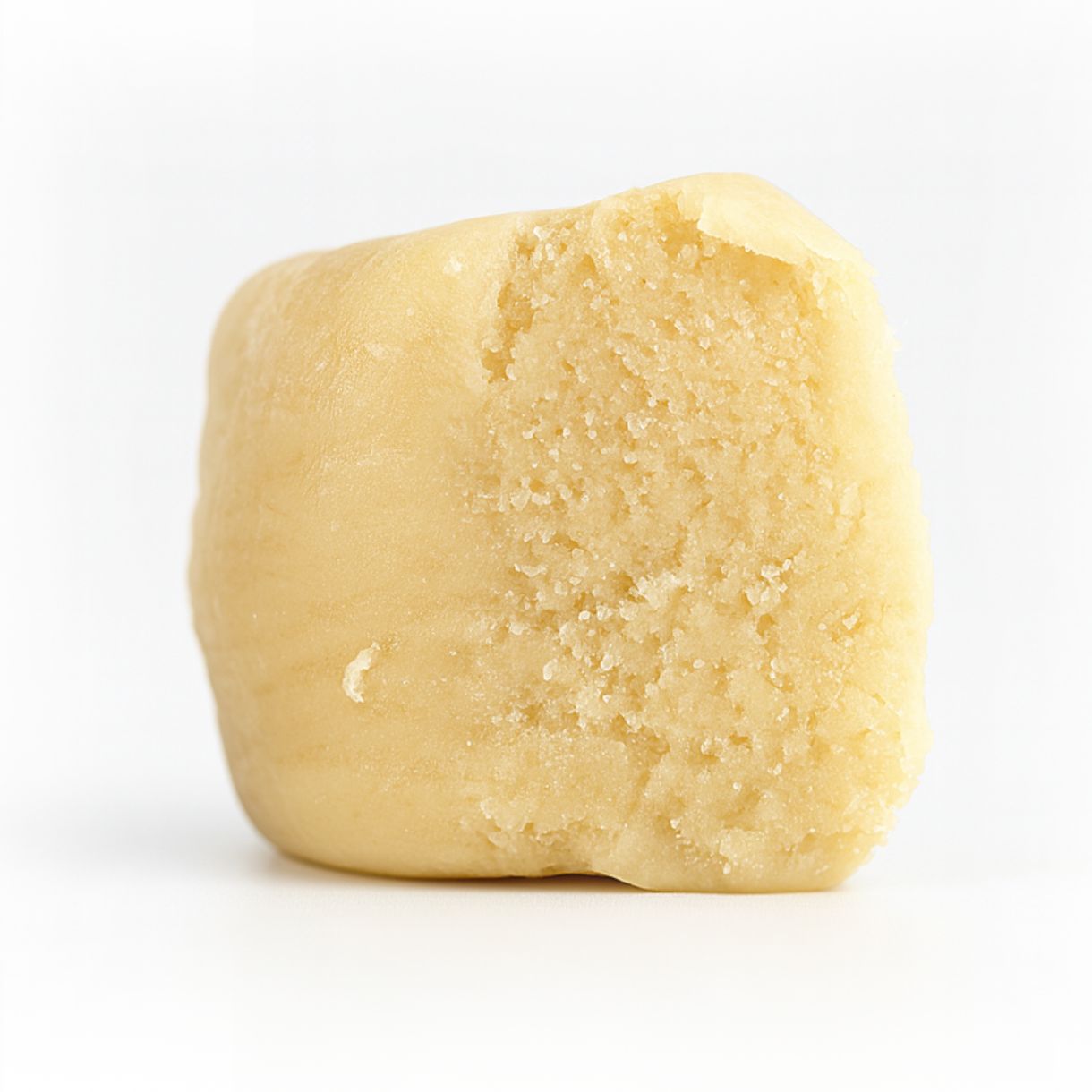 Close-up of a pale beige cube of cannabis extract on a crisp white background, showcasing a fine crumbly texture with subtle lighting and realistic surface detail.