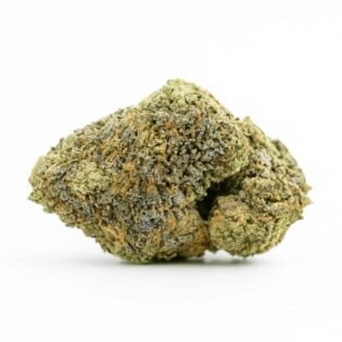 Photorealistic close-up of a dense cannabis bud with rich green and purple hues, frosty trichomes, and orange pistils on a crisp white background.