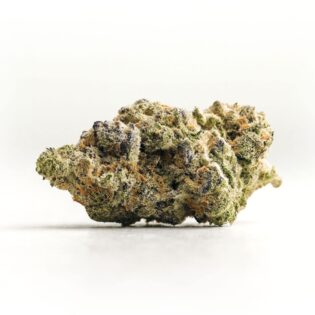 close-up of a single cannabis bud with green, orange, and purple hues, covered in frosty trichomes, displayed on a clean white background.