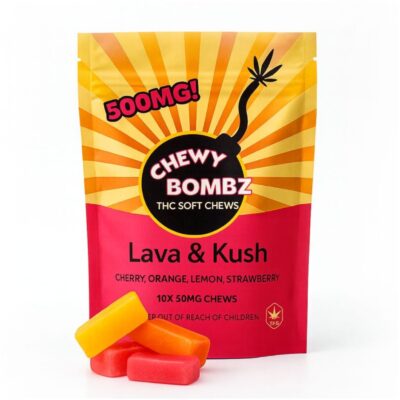image of Chewy Bombz Lava & Kush THC soft chews packaging on a crisp white background, featuring bright red, orange, and yellow gummies in front of the bag.