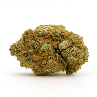 High-resolution close-up of a premium cannabis bud on a crisp white background, showcasing vivid green hues, orange pistils, and frosty trichomes with natural lighting and sharp texture detail.