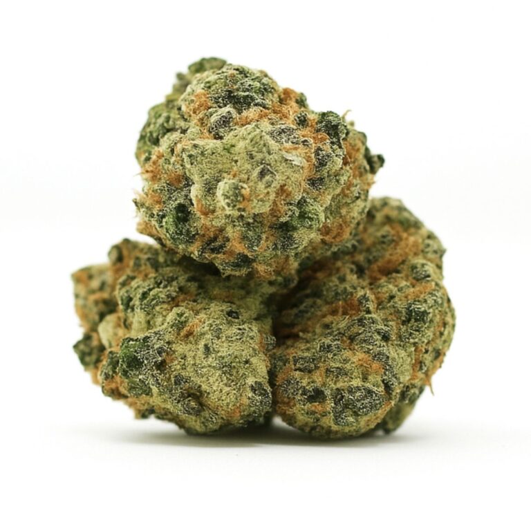 cannabis bud on a crisp white background, showcasing dense trichome coverage, vibrant green tones, and orange pistils with balanced lighting and natural depth.