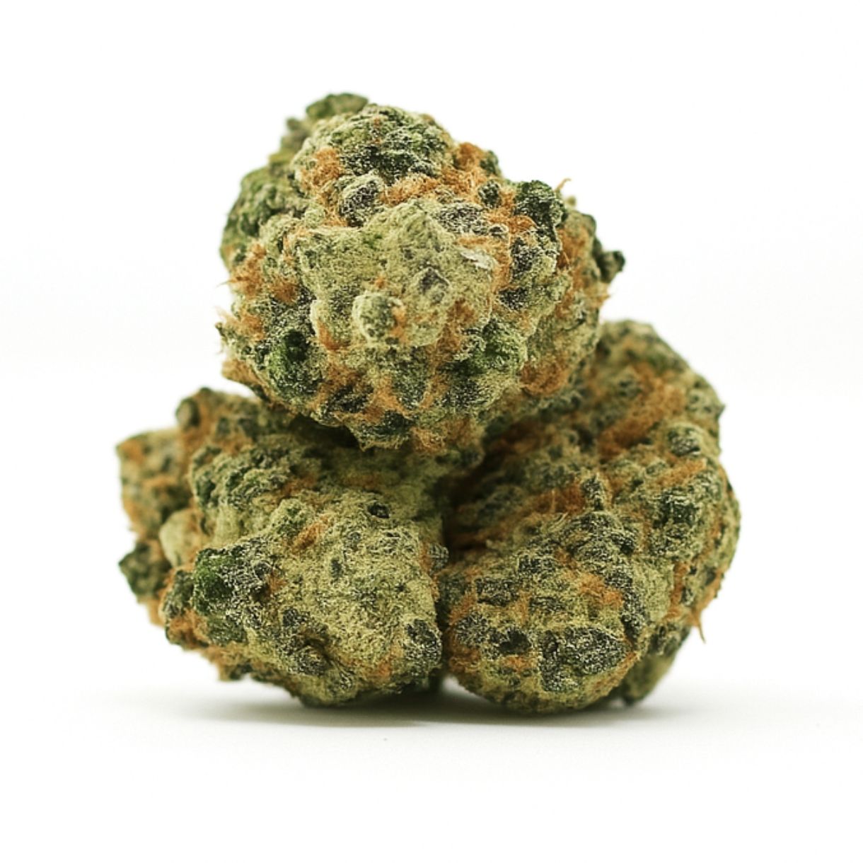 cannabis bud on a crisp white background, showcasing dense trichome coverage, vibrant green tones, and orange pistils with balanced lighting and natural depth.