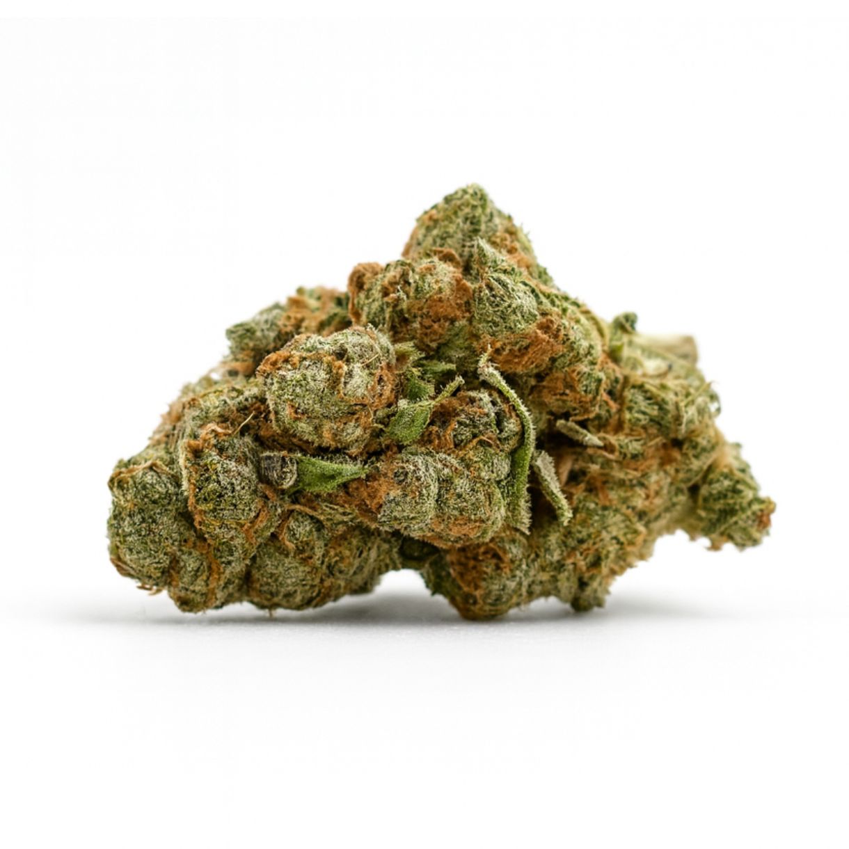 High-quality close-up of a cannabis bud on a crisp white background, showcasing dense trichomes, orange pistils, and natural green tones with photorealistic detail.