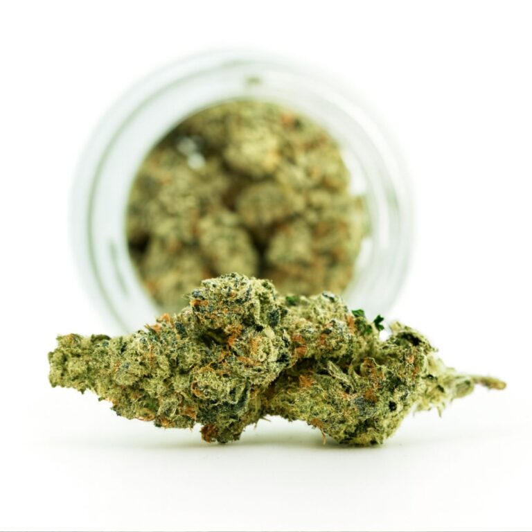 Photorealistic cannabis bud in sharp focus with natural green and orange hues, resting on a pure white background beside a blurred glass jar filled with similar buds.