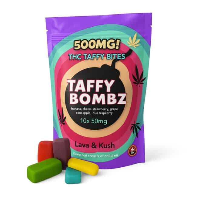 Lava & Kush Taffy Bombz 500mg THC taffy bites — 10×50mg assorted fruit flavours — product pouch with neatly stacked candies on a white background.