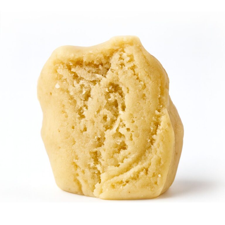 Creamy beige cannabis budder concentrate with smooth, crumbly texture on a crisp white background, shown in high-resolution professional lighting.