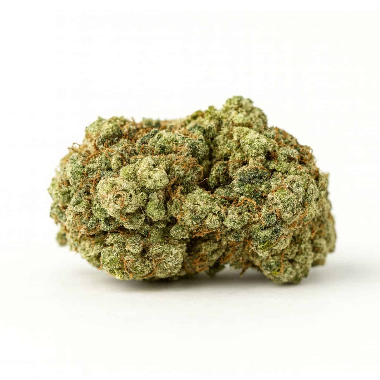 High-quality close-up of a cannabis bud on a white background, showcasing vibrant green hues, orange pistils, and frosty trichomes with natural lighting and crisp detail.