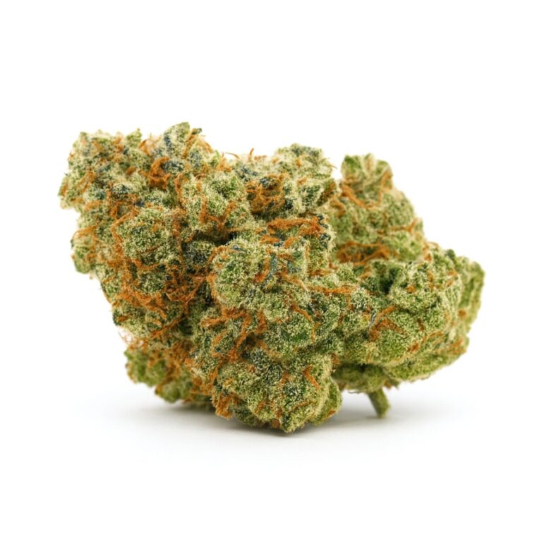 High-resolution cannabis bud on a crisp white background, showing detailed trichomes, orange pistils, and dense texture.