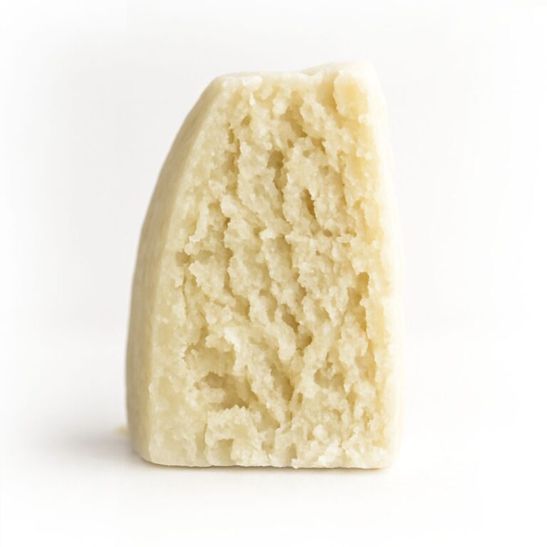 Photorealistic close-up of a wedge of aged crumbly cheese on a crisp white background for product display.