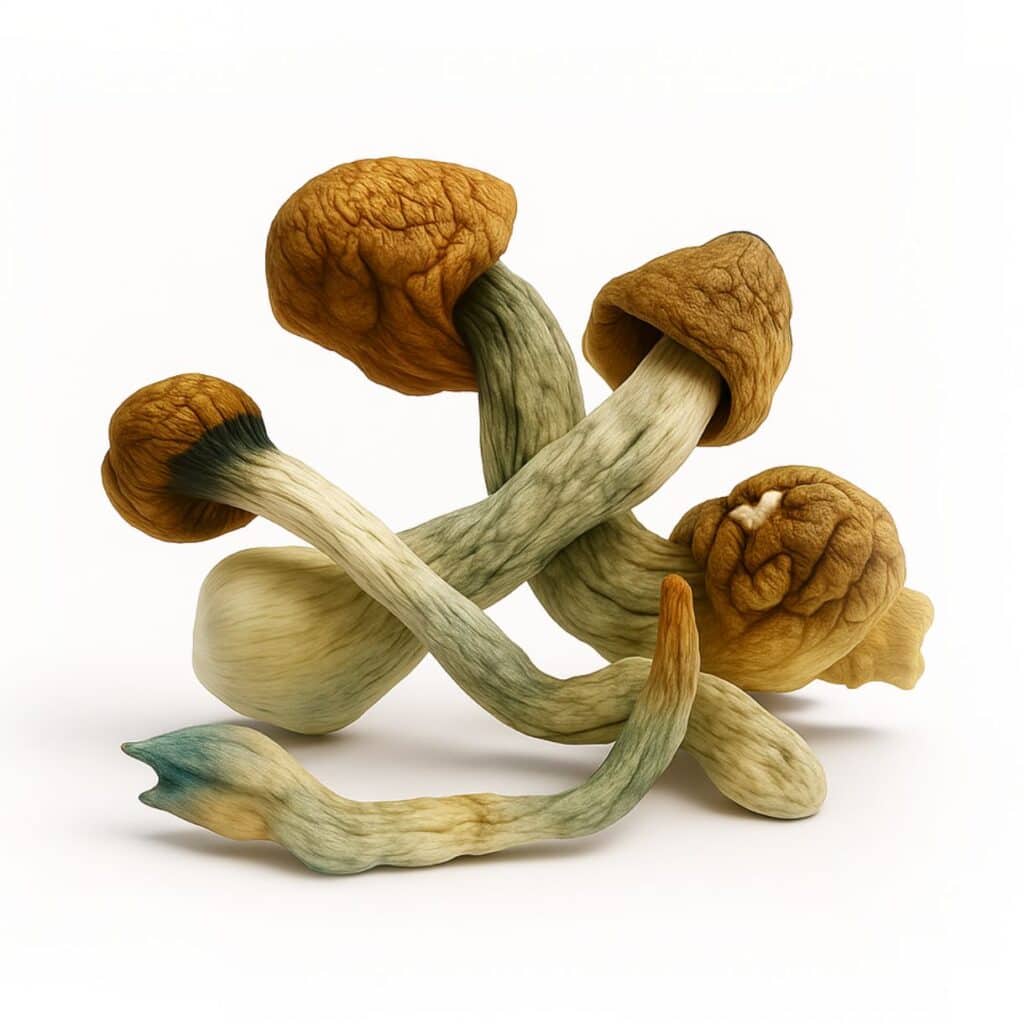Blue Meanies magic mushrooms with thick stems and rounded caps on a white background