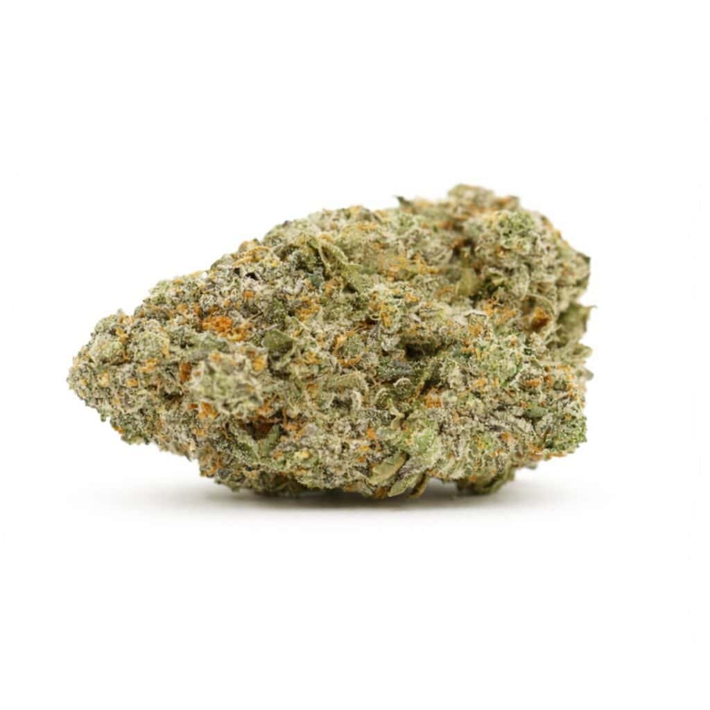 Close-up of a single cannabis flower with green hues and orange pistils on a white background.