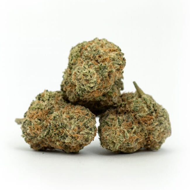 High-resolution cannabis buds photographed on a crisp white background, showing natural colour, trichome detail, and realistic texture.