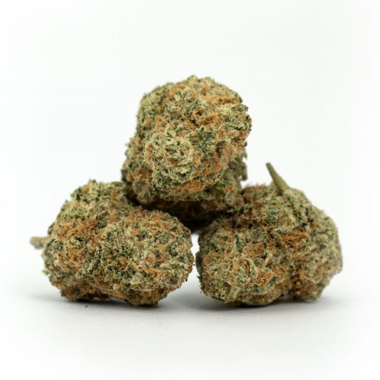High-resolution cannabis buds photographed on a crisp white background, showing natural colour, trichome detail, and realistic texture.