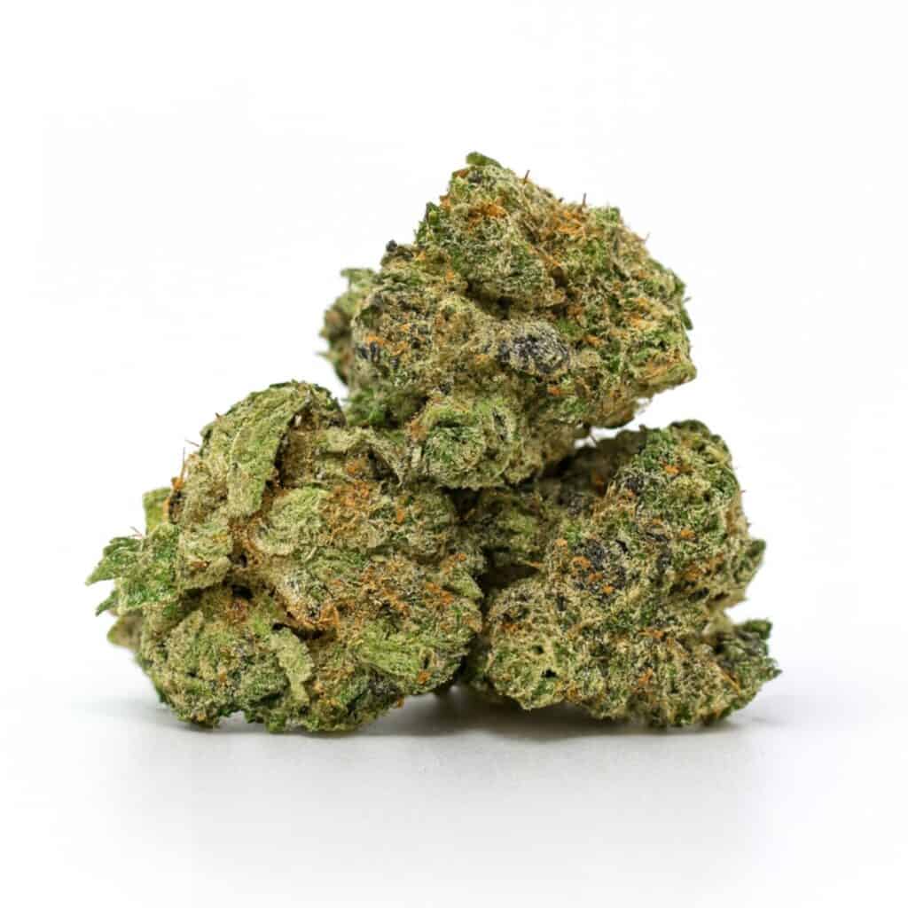 High-resolution photo of three dense cannabis buds stacked on a crisp white background, showing detailed trichomes and natural green tones
