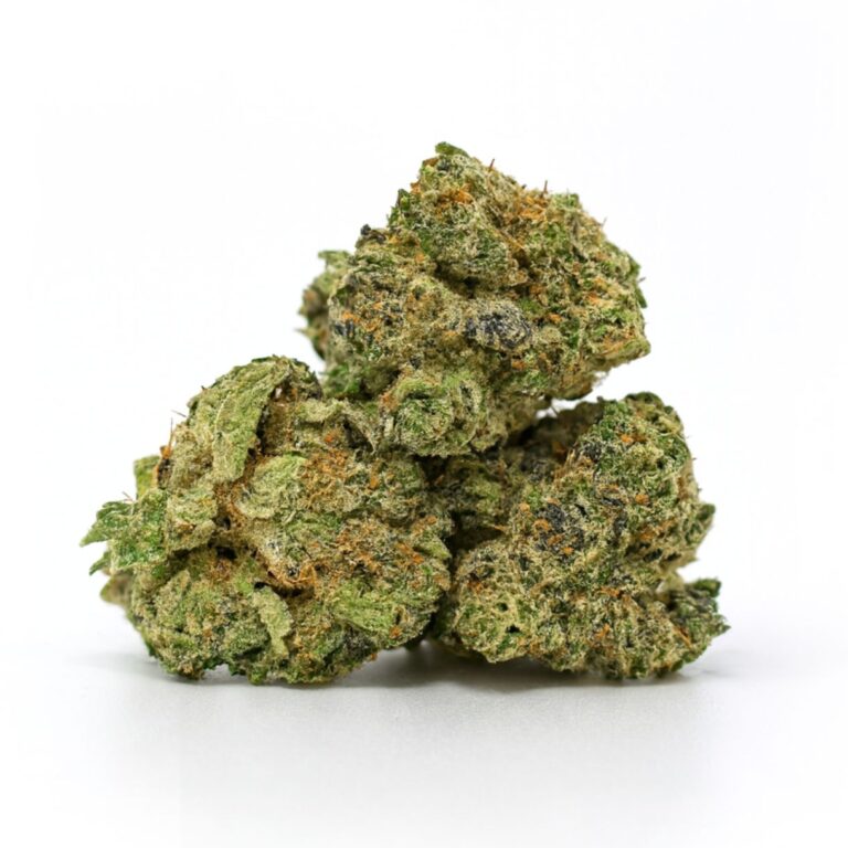 High-resolution photo of three dense cannabis buds stacked on a crisp white background, showing detailed trichomes and natural green tones