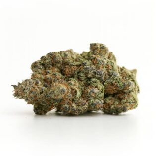 High-resolution cannabis flower on a crisp white background, showing detailed trichomes, natural color balance, and dense bud structure.