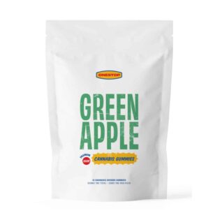 White resealable pouch labeled “Green Apple Cannabis Gummies” from the brand OneStop.