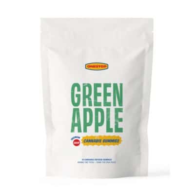 White resealable pouch labeled “Green Apple Cannabis Gummies” from the brand OneStop.