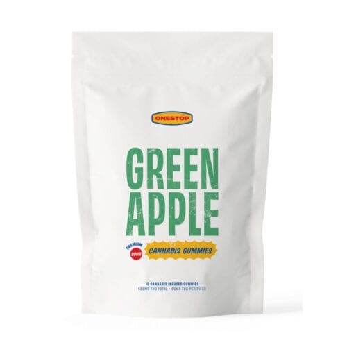 White resealable pouch labeled “Green Apple Cannabis Gummies” from the brand OneStop.