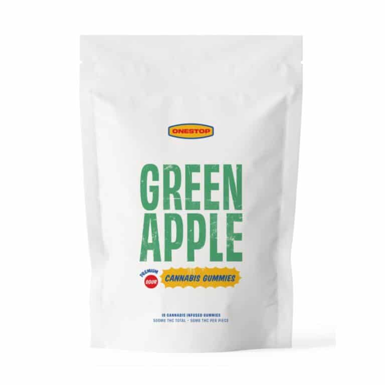 White resealable pouch labeled “Green Apple Cannabis Gummies” from the brand OneStop.
