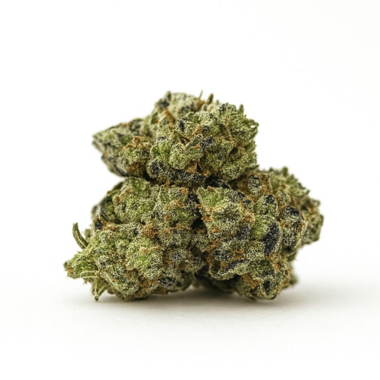 Close-up of a cannabis bud on a crisp white background, showing detailed trichomes and natural green and purple hues.