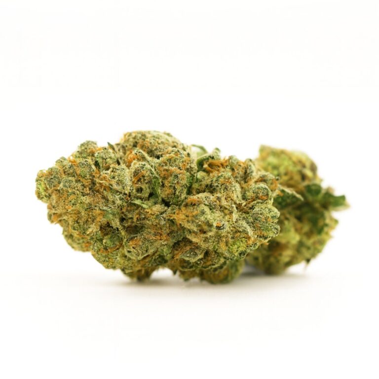 Photorealistic cannabis bud displayed on a crisp white background, showing detailed trichomes, natural green tones, and subtle orange pistils.