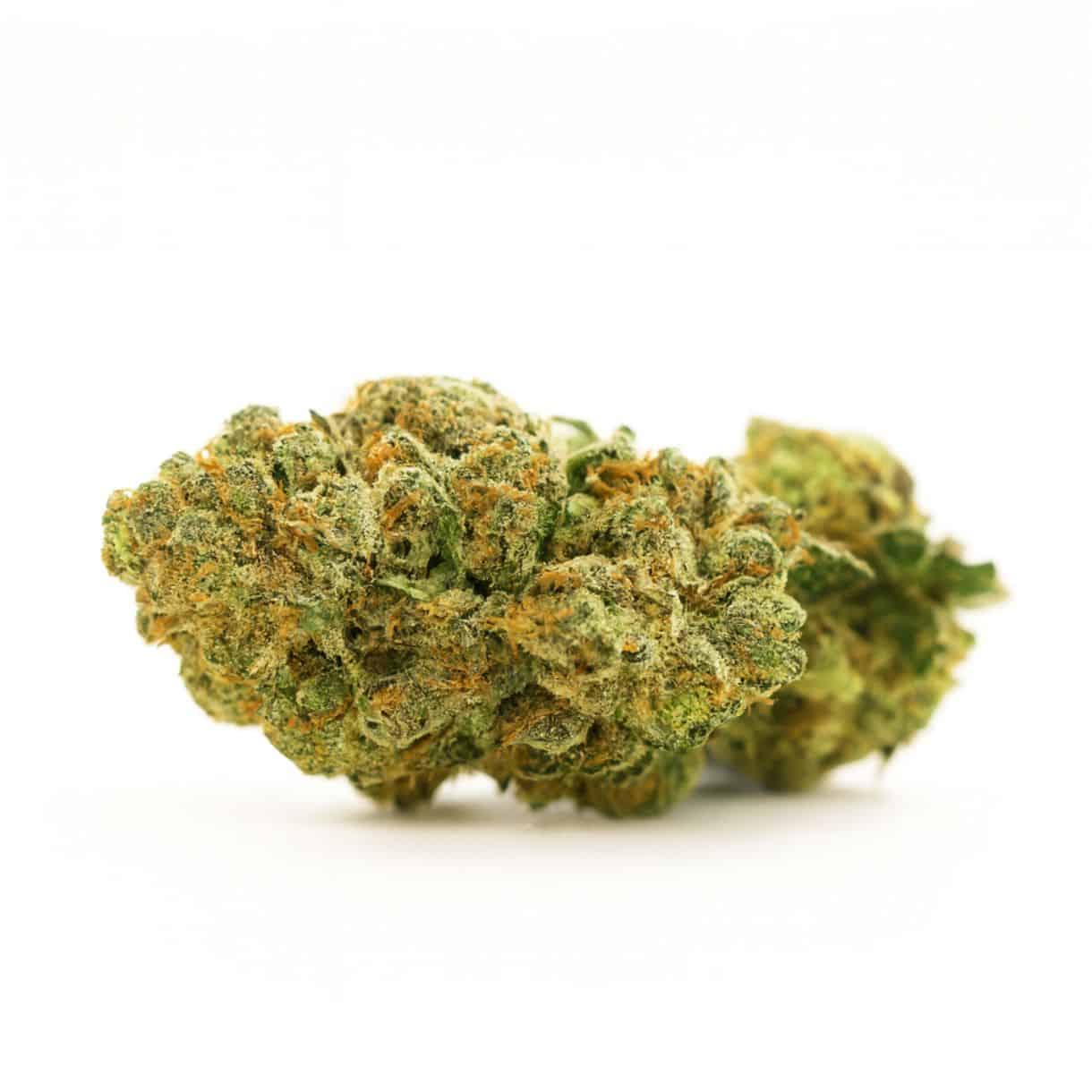 Photorealistic cannabis bud displayed on a crisp white background, showing detailed trichomes, natural green tones, and subtle orange pistils.