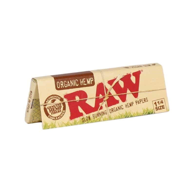 RAW Organic Hemp rolling papers in natural brown packaging on a white background.