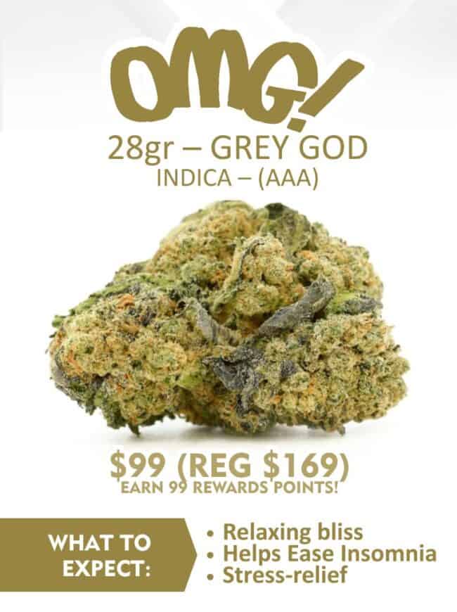 Cannabis flower product image labeled OMG! 28-gram indica-dominant strain with pricing and reward points information on a clean promotional banner.