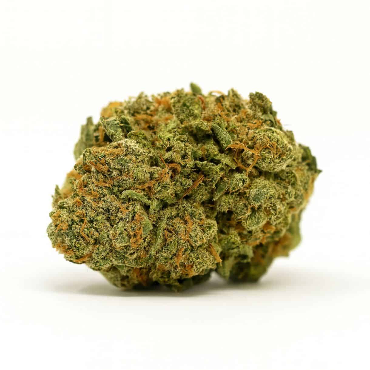 High-resolution cannabis flower on a crisp white background showing detailed trichomes, orange pistils, and natural green coloration.