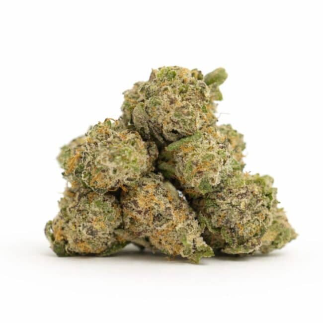 Close-up of dense cannabis flower buds with visible trichomes and orange pistils on a crisp white background.