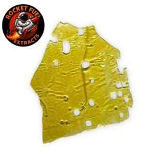Photorealistic cannabis shatter extract with translucent yellow-green coloration, glass-like texture, and visible air bubbles on a white background