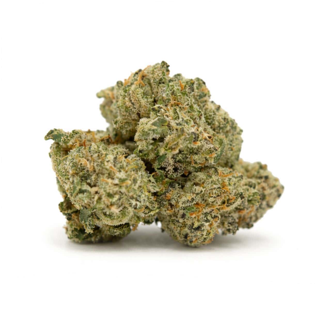 Close-up of a natural cannabis flower with dense structure, visible trichomes, and orange pistils on a white background.