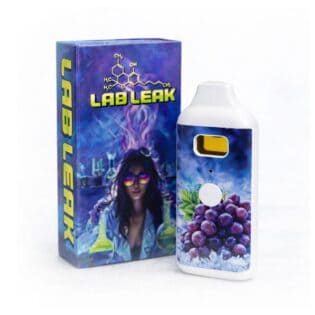 Photorealistic product image of a LAB LEAK disposable vape device with grape artwork partially overlapping its branded packaging on a light background.