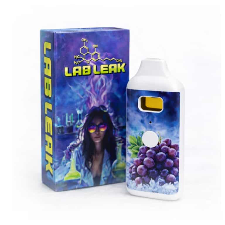 Photorealistic product image of a LAB LEAK disposable vape device with grape artwork partially overlapping its branded packaging on a light background.