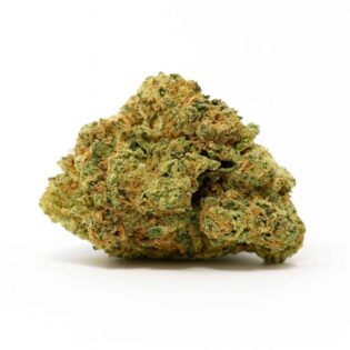 High-resolution cannabis bud photographed on a crisp white background, showing detailed trichomes, orange pistils, and natural green coloration.