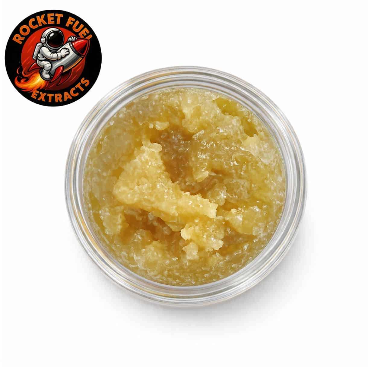 golden yellow cannabis concentrate with crystalline sugar texture in round jar, close up product image on white background