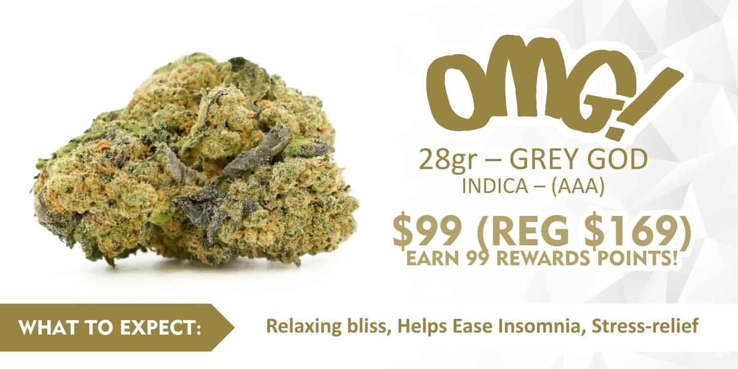 Cannabis flower product image labeled OMG! 28-gram indica-dominant strain with pricing and reward points information on a clean promotional banner.