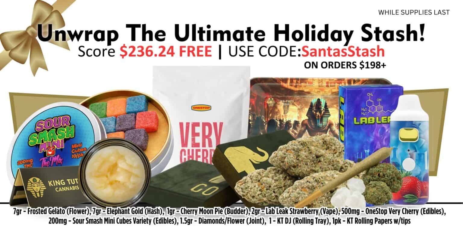 Holiday cannabis promotion banner featuring assorted flower, concentrates, pre-rolls, edibles, and accessories with festive gift-themed design and discount messaging.