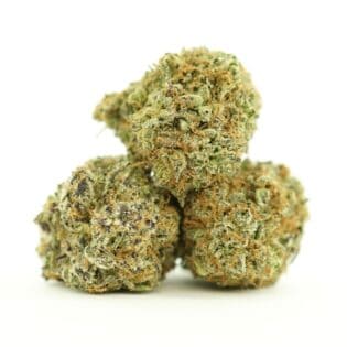 Dense cannabis flowerS with frosty trichomes on a crisp white background