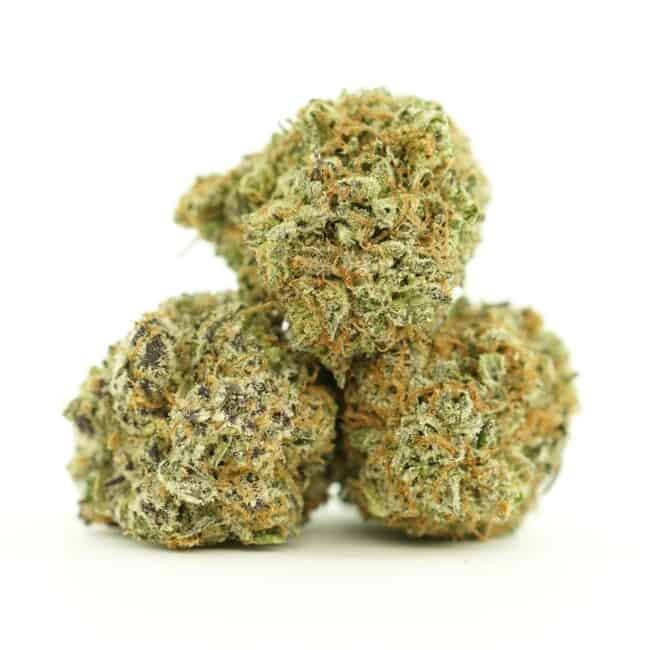 Dense cannabis flowerS with frosty trichomes on a crisp white background