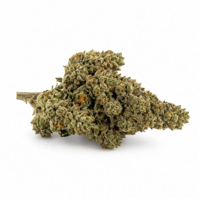 Image of cannabis bud with frosty trichomes on a crisp white background