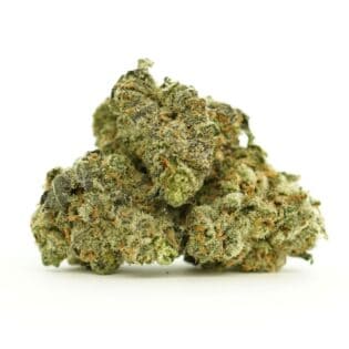 Black Diamond indica-dominant hybrid cannabis flower, featuring dense trichome-covered buds with green and orange hues on a white background